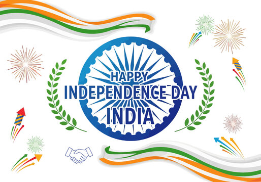 Happy Independence Day India - Tricolor Flags, Fireworks, Emblem