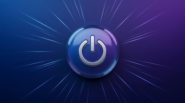 Metallic power button icon with radiant light and glowing effects, abstract
