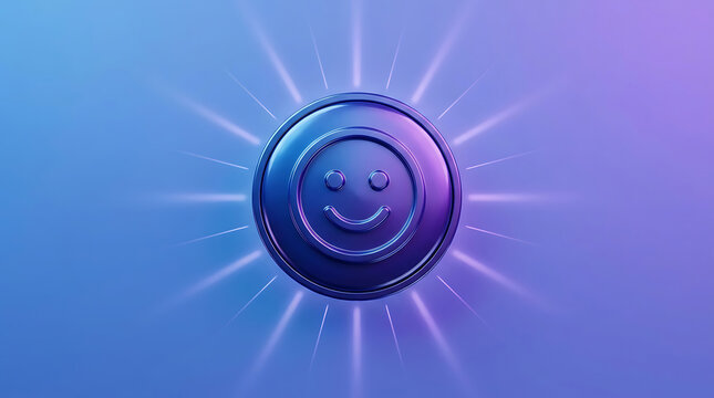 Abstract 3D happy smiley face icon glowing in blue light with positive