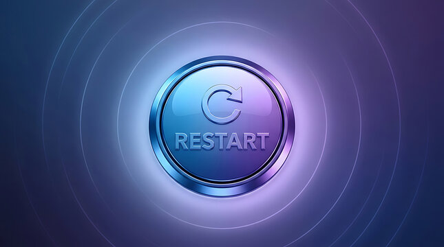 Digital restart button with circular energy waves on dark blue background