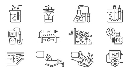 Fototapeta premium Minimalist Black and White Line Icons Set of Water Treatment and Testing Equipment and Processes