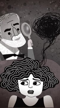 psychoanalyst examining a patient's tangled thoughts with a magnifying glass
