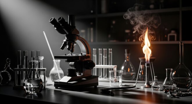 Scientists conduct experiments with microscope and flasks in a laboratory setting with various glassware.