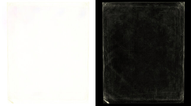 Vintage film texture overlays, antique paper border frames on black and white background, grainy cinematic dust and scratch effects for photo editing
