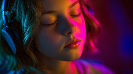 Fototapeta premium Young woman wearing headphones listening to music with vibrant neon pink and blue studio lighting
