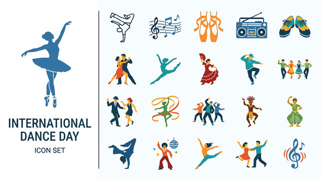 Diverse dance styles and musical elements flat vector icon collection