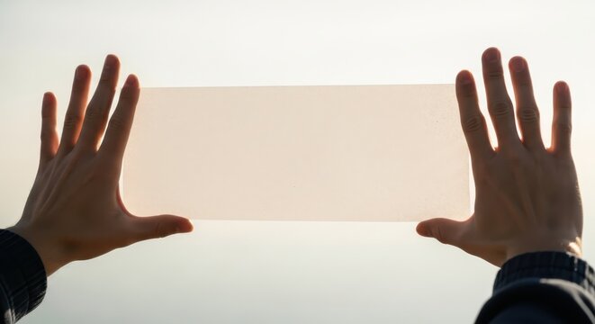 Person holds rectangular object with both hands in front of bright background