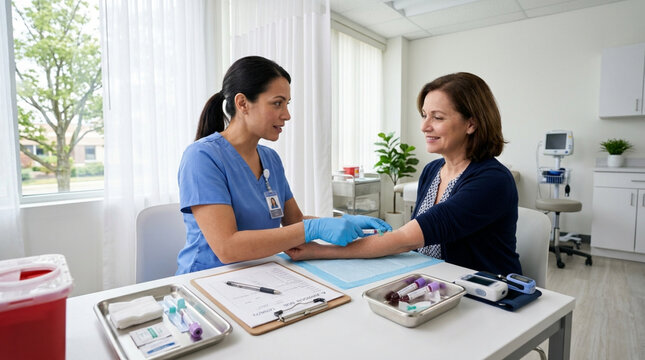 Nurse taking blood sample from patient in clinic, medical procedure, healthcare, laboratory