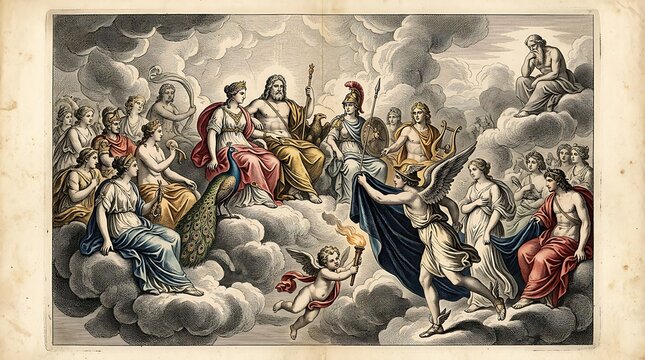 Assembly of greek gods on mount olympus in vintage engraving style