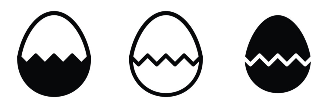 Cracked egg vector icon set. Broken eggshell, hatching Easter egg, and fragile symbol. Minimalist black silhouette, zigzag crack, and line art design element for spring holiday. Vector Illustration.