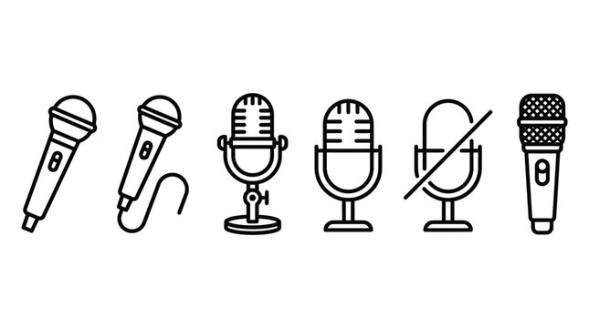 Microphone style icon set with handheld vintage podcast and muted mic symbols