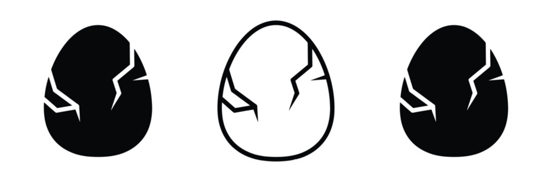 Cracked egg vector icon set. Broken eggshell, hatching Easter egg, and fragile symbol. Minimalist black silhouette and outline graphic design element for abstract concept. Vector Illustration.