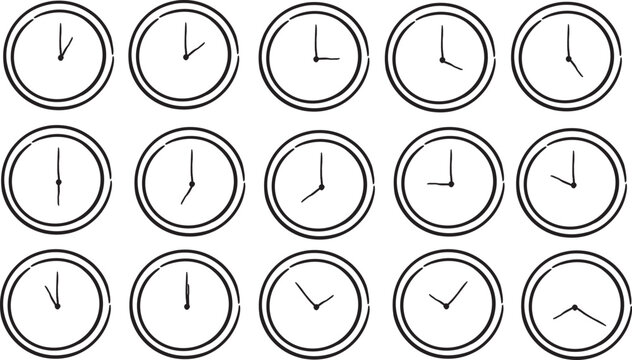 a black-and-white grid containing circular analog clocks simple line indicators for the hour and minute hands