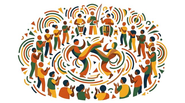 Simple flat vector illustration of Brazilian Capoeira circle combining dance and martial arts with rhythmic movement and musical energy represented by abstract shapes only, white background