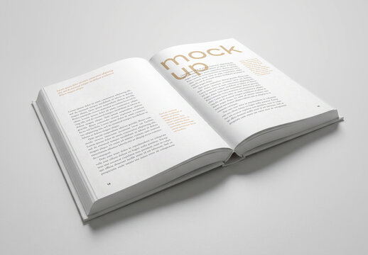 Open Hardcover Book Mockup Perspective View With Blank Pages for Editorial Presentation