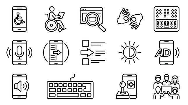 Dynamic Accessibility and Technology Icons Set Black and White Line Art Illustrations for Apps Websites