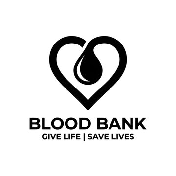 Blood bank logo with heart and drop icon for donation