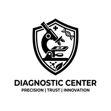 Diagnostic center logo with microscope and shield icon