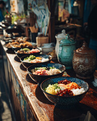 Obraz premium Editorial food photography, freshly prepared Asian rice bowl served at an open-air street market, natural daylight, authentic atmosphere, wooden counter, realistic food styling