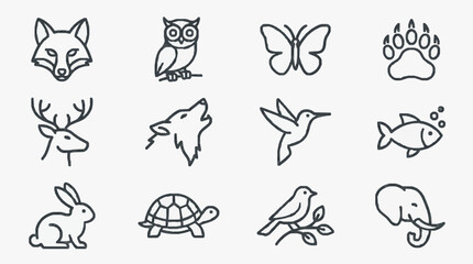 Fototapeta premium Elegant Black and White Line Drawing Set of 12 Whimsical Forest Animal and Nature Icons with high quality professional line art symbols for modern creative design and digital branding projects