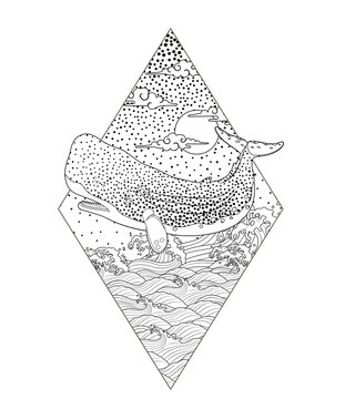 Tattoo stencil images featuring whales&mdash;suitable for line art and dotwork styles. Includes sperm whales, humpback whales, and orcas.