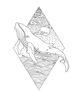 Tattoo stencil images featuring whales&mdash;suitable for line art and dotwork styles. Includes sperm whales, humpback whales, and orcas.