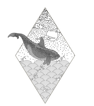 Tattoo stencil images featuring whales&mdash;suitable for line art and dotwork styles. Includes sperm whales, humpback whales, and orcas.