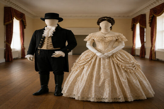 Un par de maniqu&iacute; portando ropa victoriana.