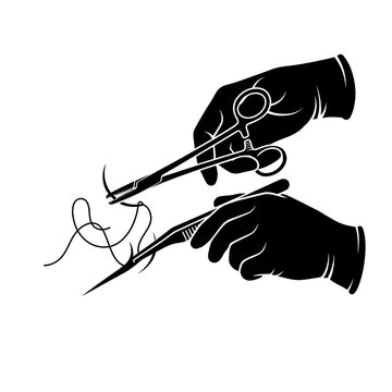 Surgeon hands using medical tools for stitches