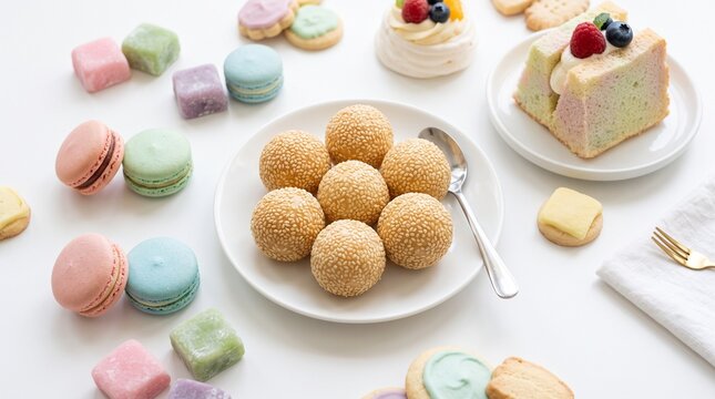 various pastel colored cakes and sesame onde onde cakes in the middle