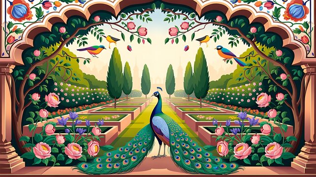 Illustration of a mughal garden with peacocks, parrots, plants, and trees, featuring a botanical landscape pattern. Mughal Garden. Illustration