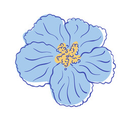 Obraz premium Hibiscus flower icon with blue line decorative element. Whimsical hand drawn watercolor mediterranean flower. Hibiscus illustration for design and decoration.