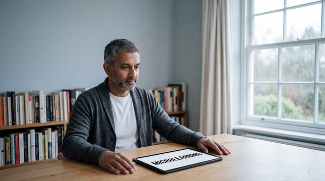 Middle aged south asian man sits thoughtfully at a desk with a microlearning tablet