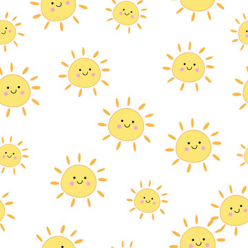 Cute Smiling Sun Seamless Pattern Background, Happy Summer Flat Vector Illustration