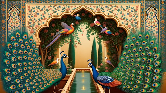 Illustration of a mughal garden with peacocks, parrots, plants, and trees, featuring a botanical landscape pattern. Mughal Garden. Illustration
