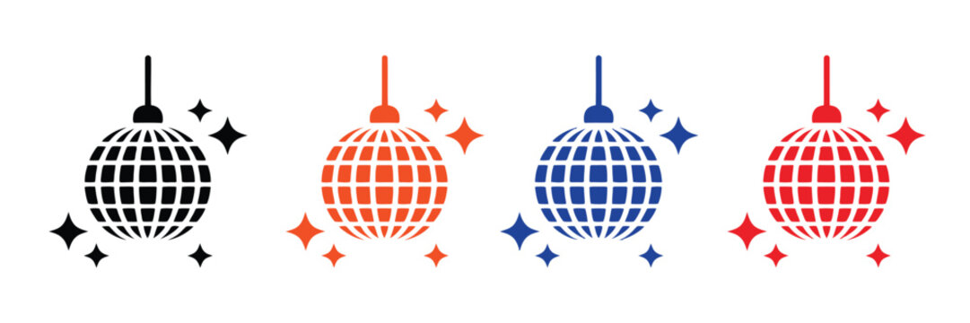 Disco Ball Icon Set, Mirror Ball Symbols For Night Club, Party, Music, Dance And Celebration Vector Illustration.