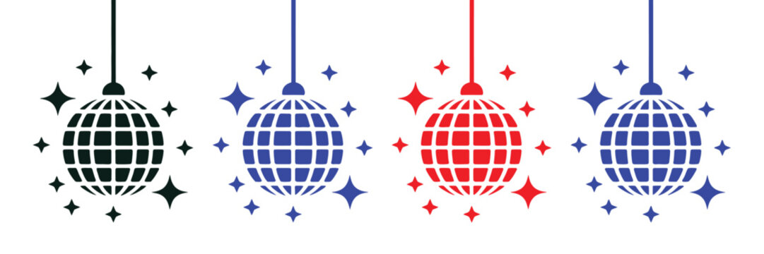Disco Ball Icon Set, Mirror Ball Symbols For Night Club, Party, Music, Dance And Celebration Vector Illustration.