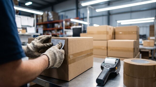 Warehouse worker processes package with barcode scanner and gloves