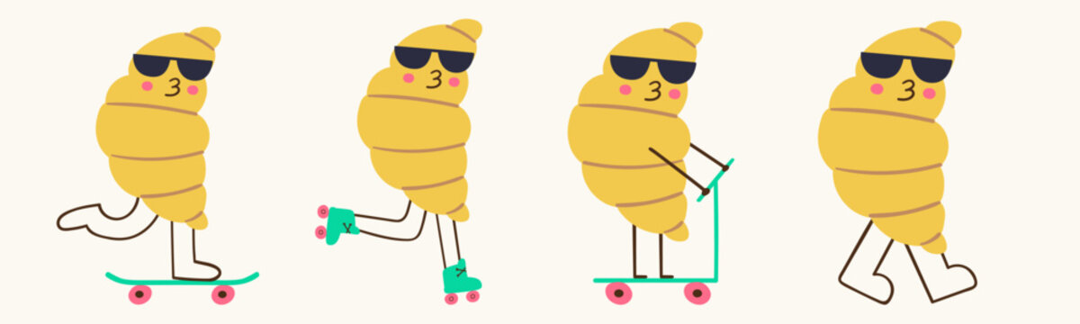 Cute croissant characters set riding skateboard and roller skates funny cosy cafe pastry dessert mascot flat vector illustration