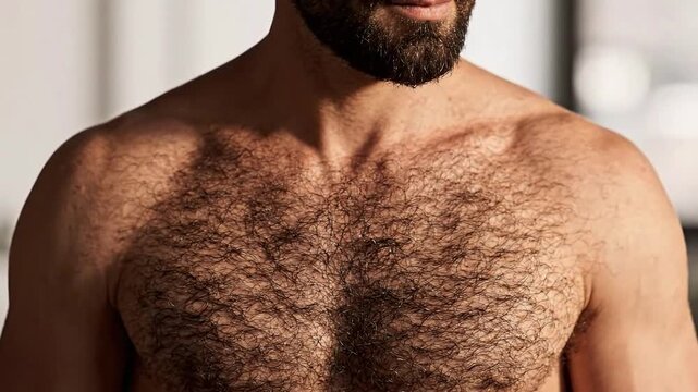 Close up of a muscular man with a hairy chest and dark beard