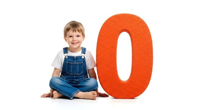 Bright orange number zero beside a smiling young child isolated on a clean white background. perfect for educational resources, counting lessons, preschool learning, and mathematics themes.