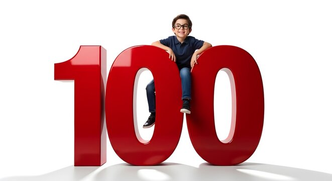 Happy businessman sitting on a giant number one hundred, symbolizing milestones, achievement, celebration, success, goals, progress, performance, and business excellence.
