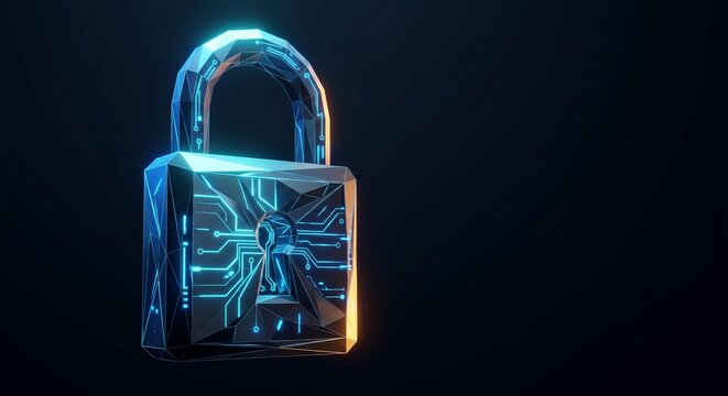 3D glowing digital cyber padlock with glowing network circuit patterns