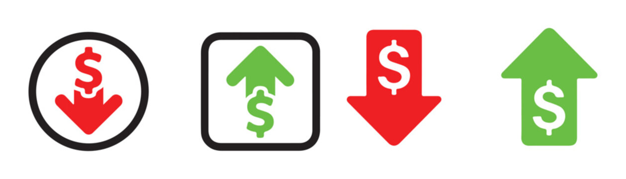 Set of financial icons depicting dollar sign with arrows showing increase and decrease in value.
