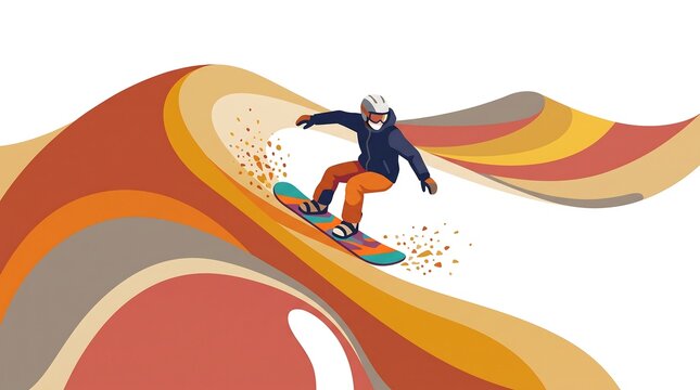 Simple flat vector illustration of sandboarding on colorful desert dunes using smooth geometric curves, energetic movement, isolated white background