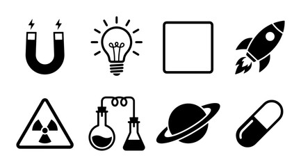 Science Icons Set: Magnet, Lightbulb, Rocket, Radiation, Flasks, Planet, Pill © Nasir
