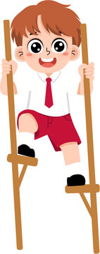 Happy Indonesian school boy playing traditional wooden stilts egrang game illustration