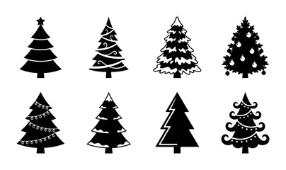 Obraz premium Christmas Tree Icons, Festive Vector Set, Winter Holiday Decorations, Black and White Graphic Elements