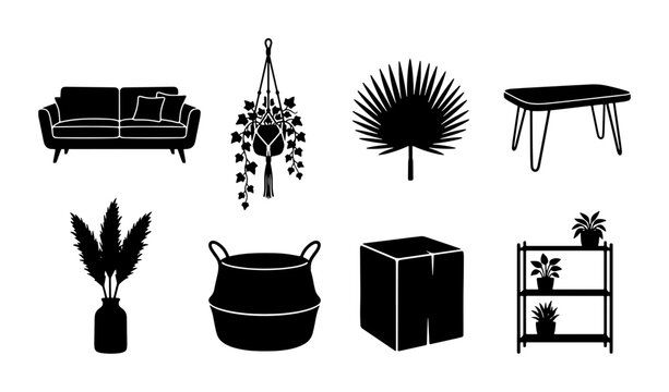 Boho Home Decor Icons, Vector Set: Sofa, Plants, Basket, Table, Shelf, Vase, Cubes
