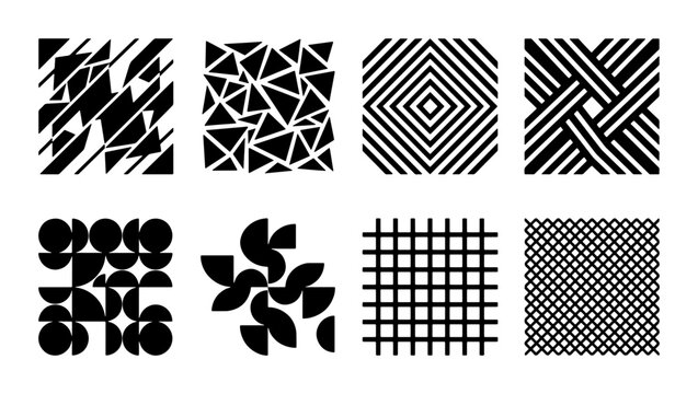 Abstract Geometric Patterns, Modern Vector Textures, Minimalist Black and White Graphic Designs, Set of 8